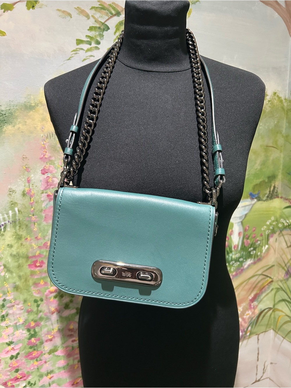Coach Swagger 20 Dark Turquoise Leather Crossbody/Shoulder Gunmetal Chain